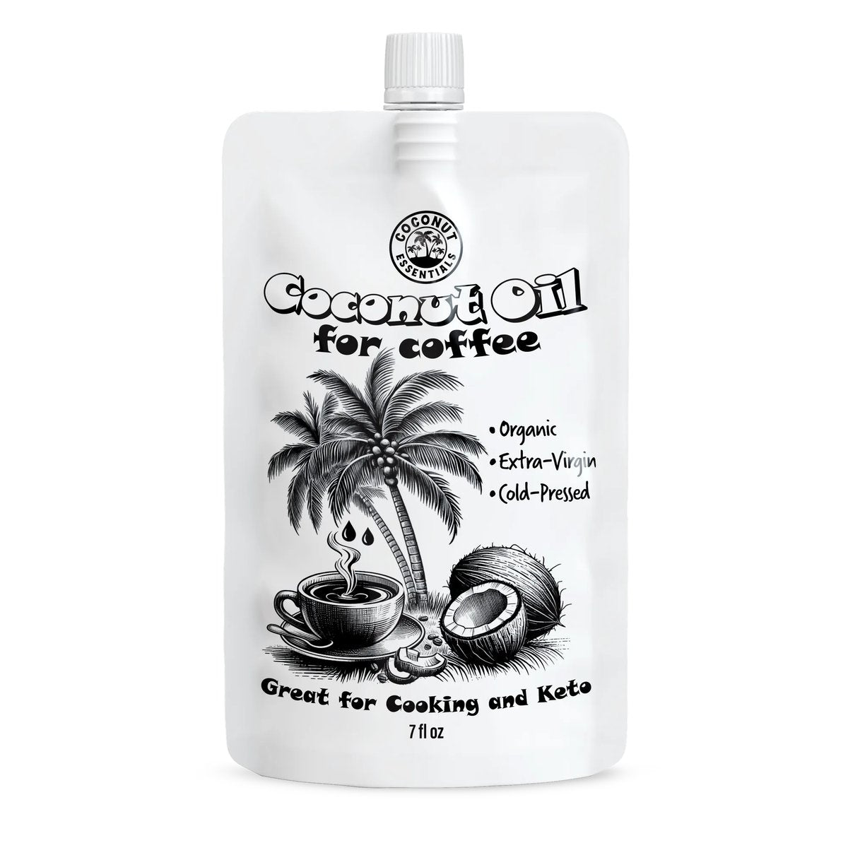 Coconut Essentials Coconut Oil for Coffee in a white 7 fl oz pouch