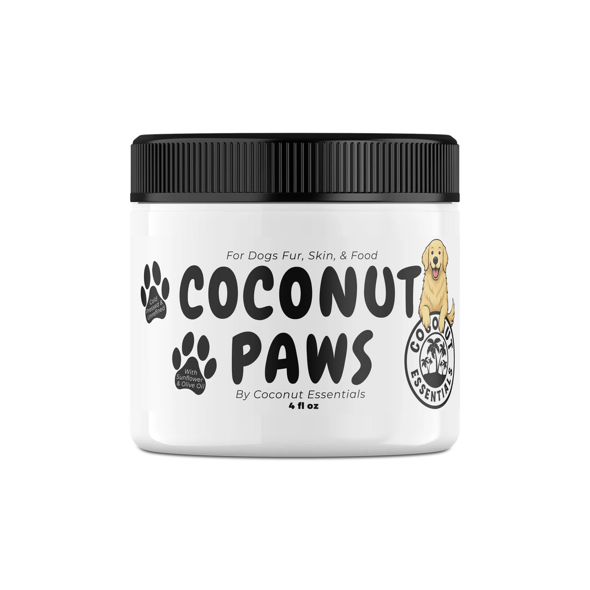 Coconut Paws coconut oil blend for dogs in a white 4 fl oz jar with a black lid and paw print label