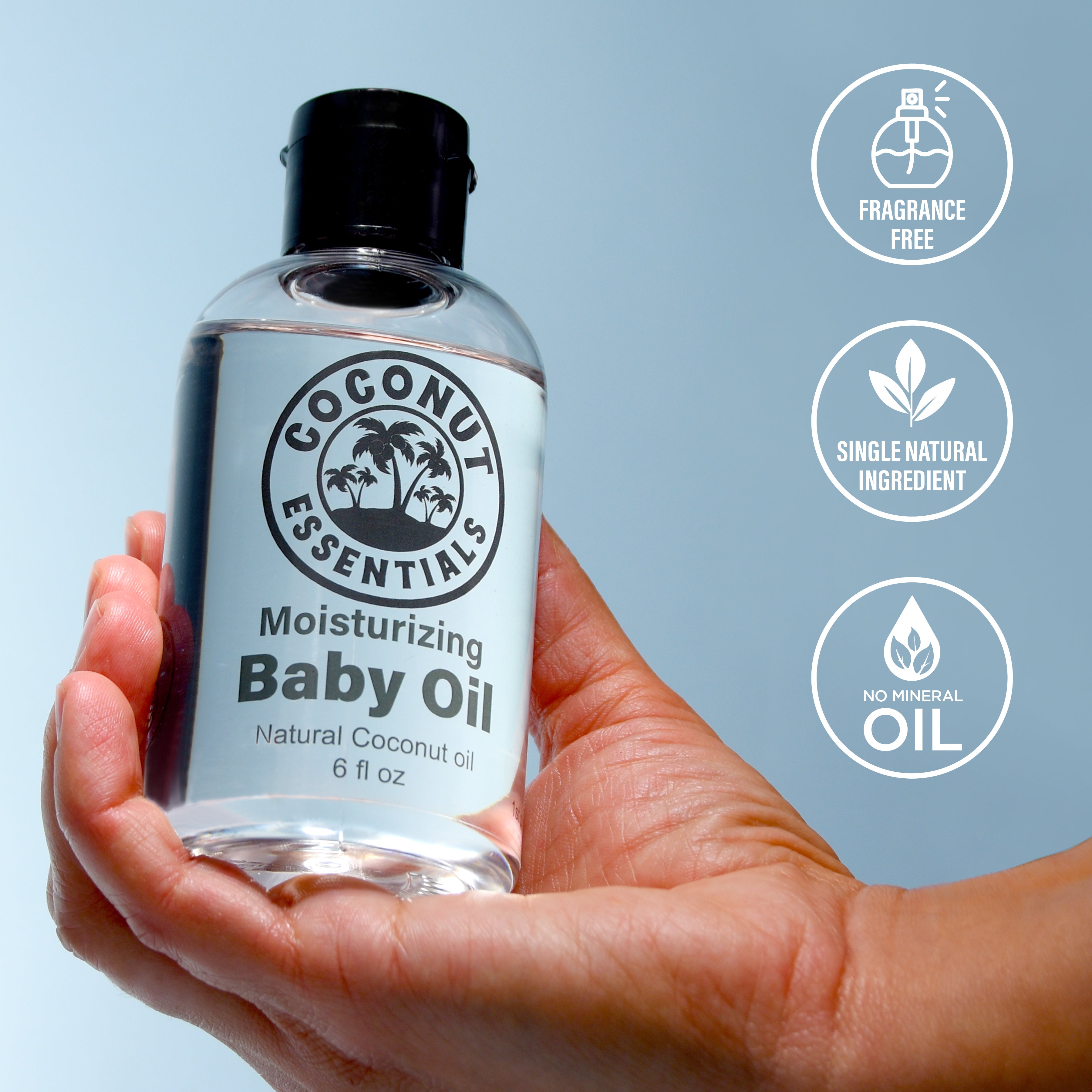 Natural Baby Oil for Infants, Liquid Coconut Oil Moisturizer - No Mineral Oil, Baby Massage Oil with MCT | Sensitive Skin, Eczema & Dry Skin Relief | Fragrance Free - Coconut Essentials (6 oz)