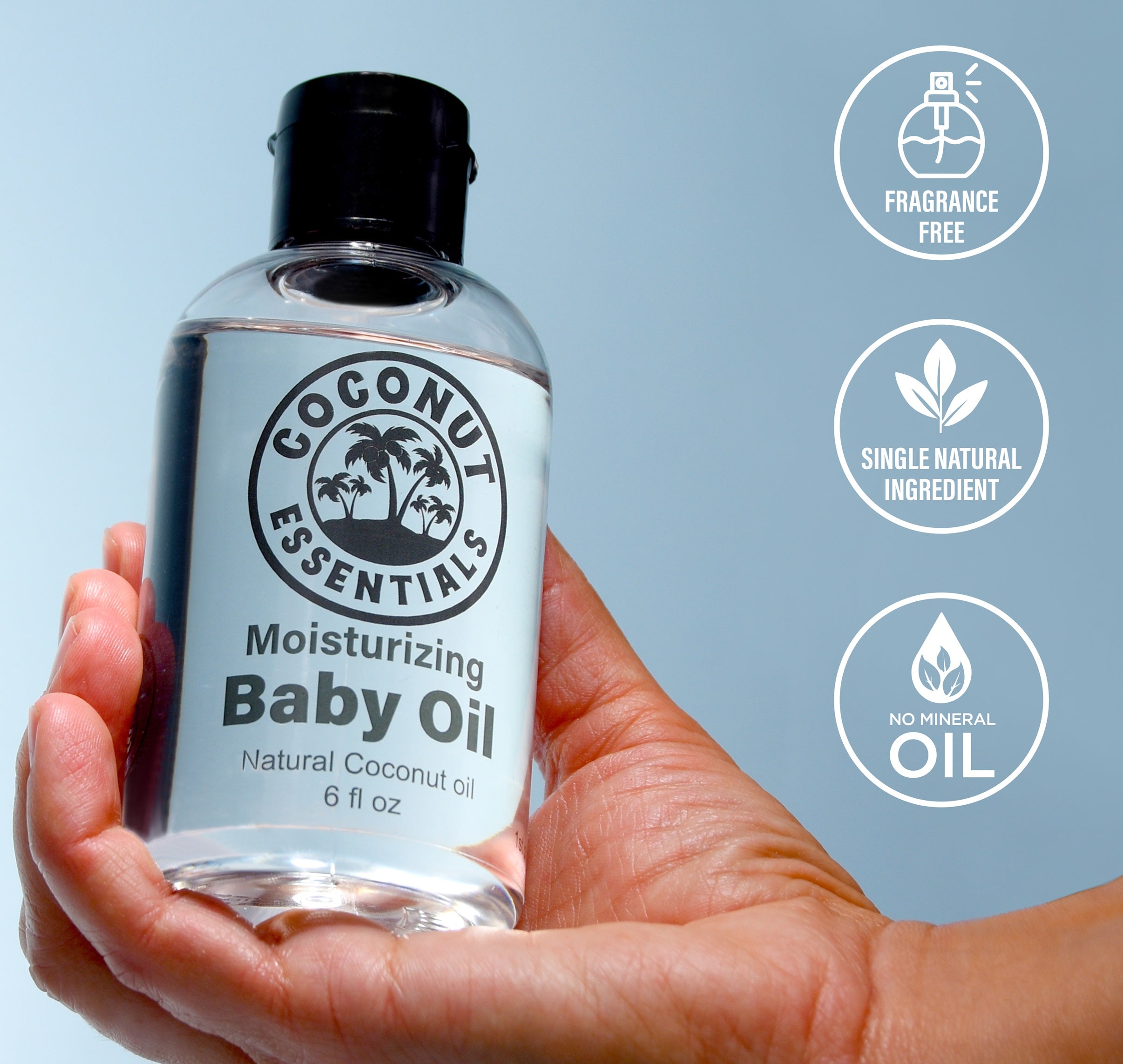 Natural Baby Oil for Infants, Liquid Coconut Oil Moisturizer - No Mineral Oil, Baby Massage Oil with MCT | Sensitive Skin, Eczema & Dry Skin Relief | Fragrance Free - Coconut Essentials (6 oz)