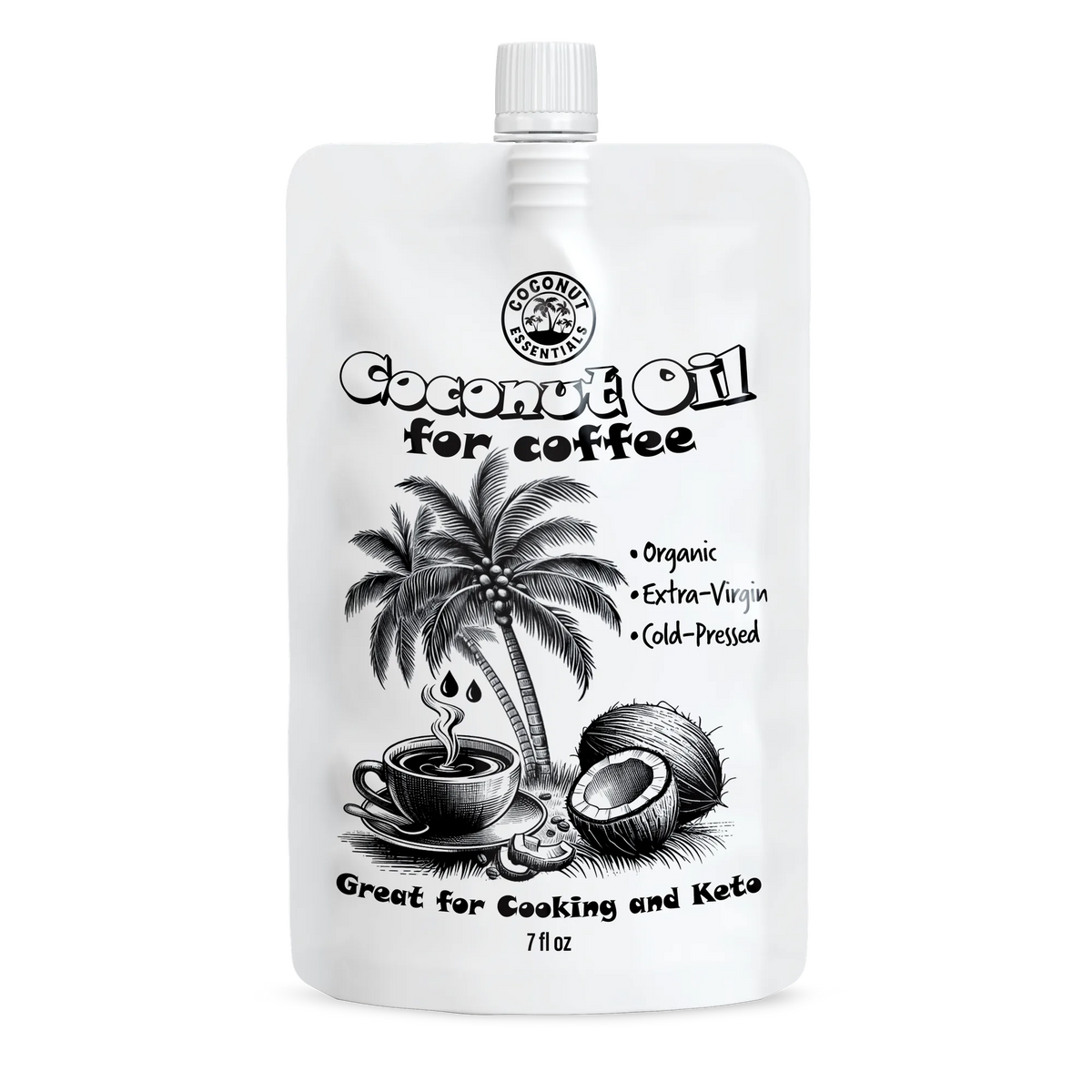 Coconut Essentials Coconut Oil for Coffee, a white 7 fl oz twist-top pouch labeled organic, extra-virgin and cold-pressed