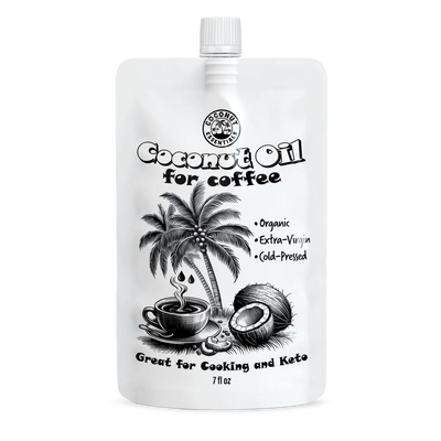 Coconut Essentials Coconut Oil for Coffee, a white 7 fl oz twist-top pouch labeled organic, extra-virgin and cold-pressed