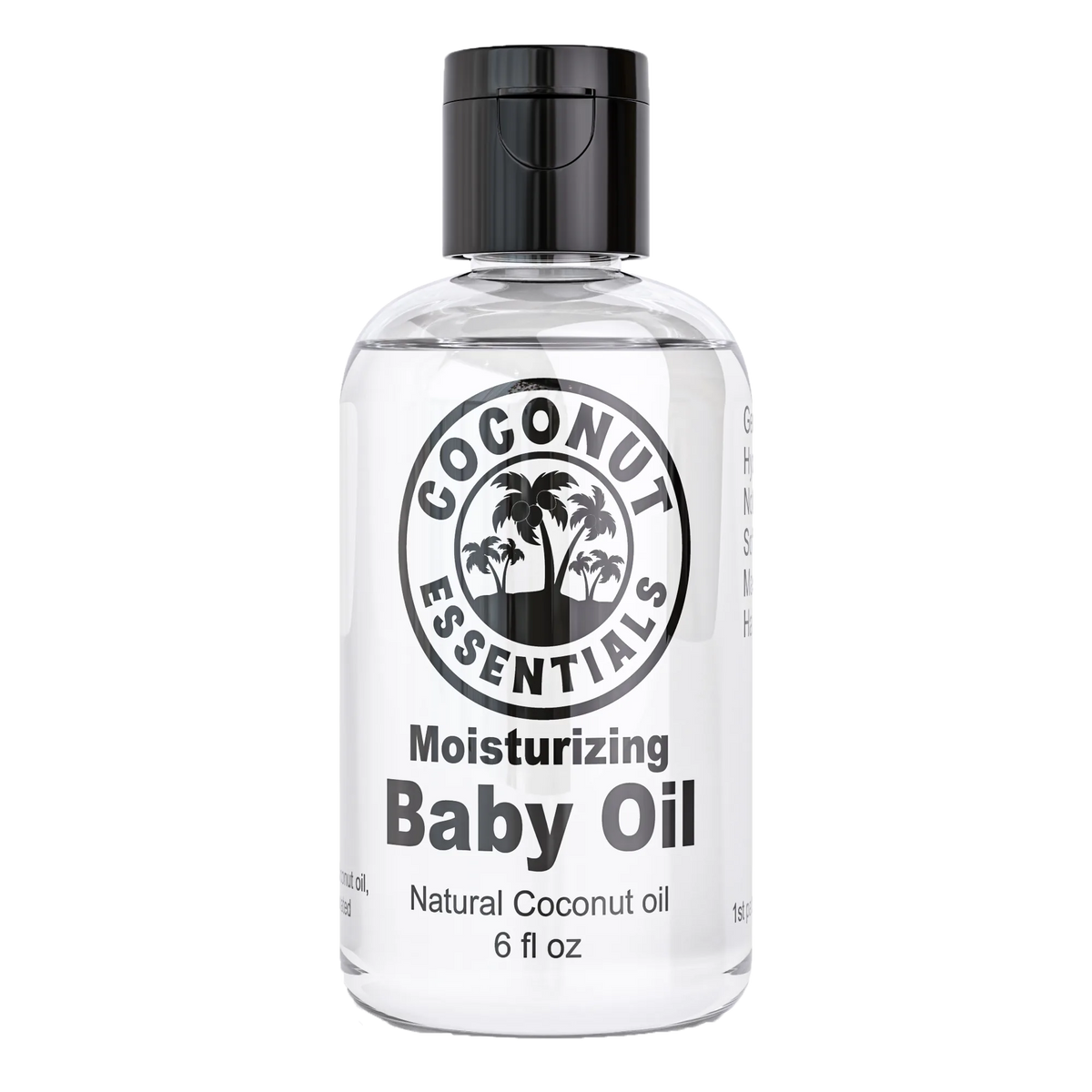 Coconut Essentials Moisturizing Baby Oil, a clear 6 fl oz bottle with a black flip-top cap