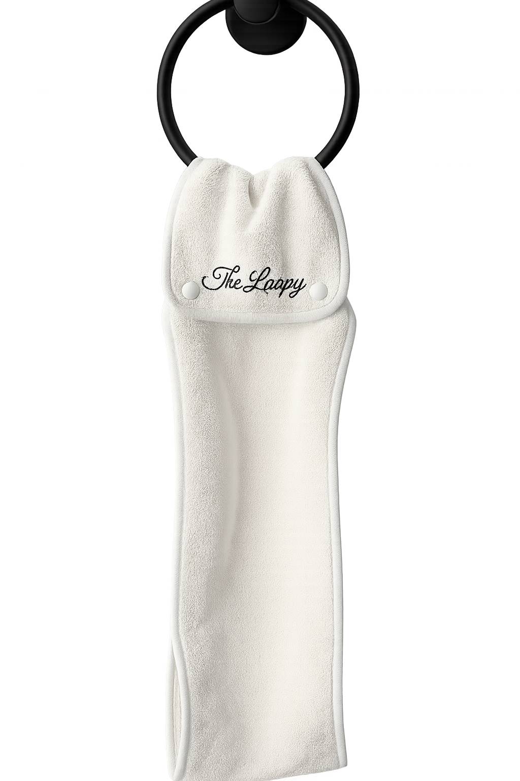 The Loopy Towel, a white towel with snaps to form a loop over towel rods, oven handles, and any other handle it can fit around.