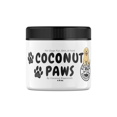 Coconut Paws coconut oil blend for dogs in a white 4 fl oz jar with a black lid and paw print label