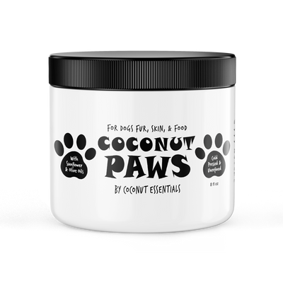 Coconut Paws 8 fl oz jar for dogs' fur, skin and food with a black lid, cold pressed and unrefined label