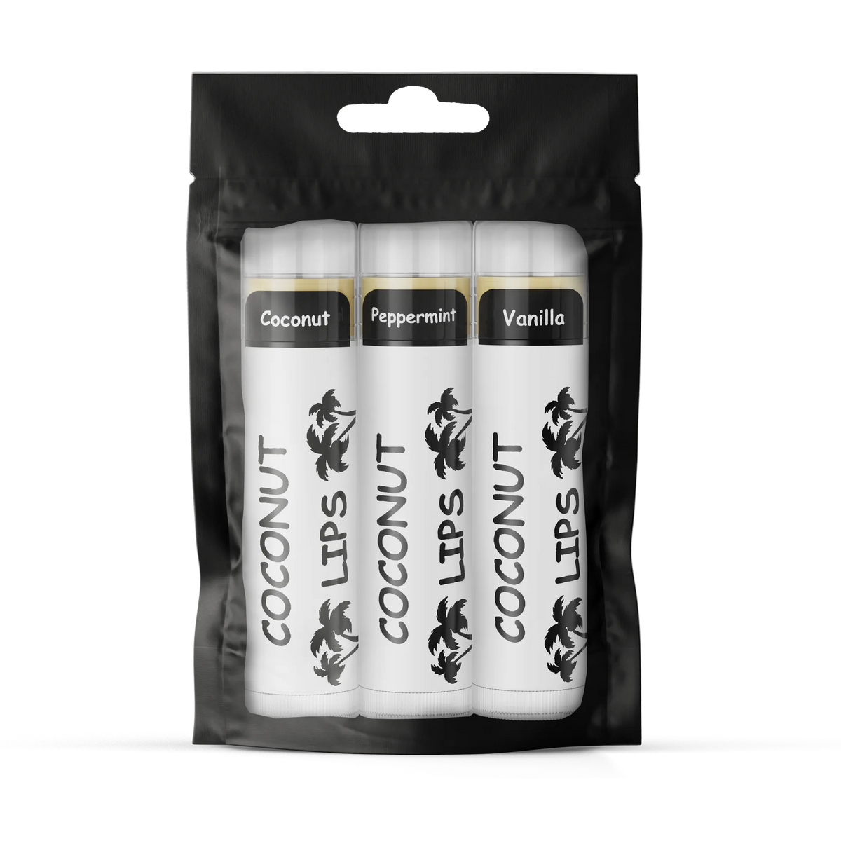 Coconut Lips lip balm set in a black pouch showing Coconut, Peppermint and Vanilla tubes
