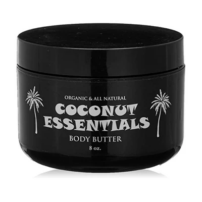 A black tub of Organic and All-Natural Coconut Essentials body butter.